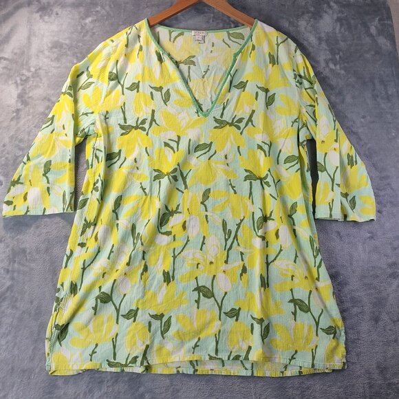 J‎ Crew Womens Floral Crinkle Tissue Tunic Cover Up Top XL Yellow Green Cotton - Picture 1 of 10
